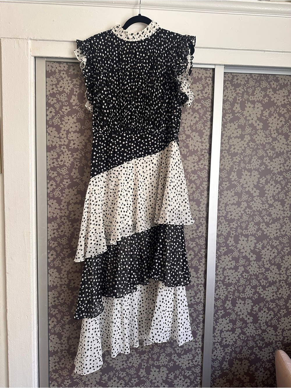Mikael Aghal Black and White Polka Dot Ruffled High-Low Dress